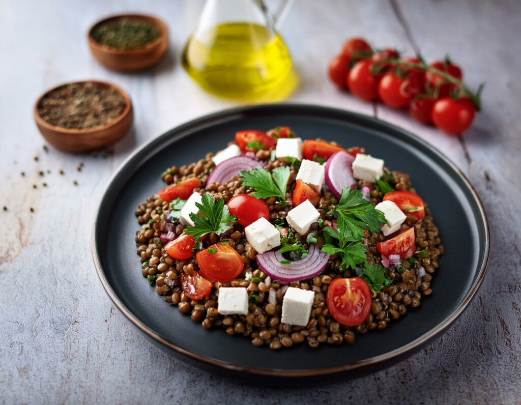 Illustration de la recette 4 d'un pique-nique sain : Salade de lentilles et feta